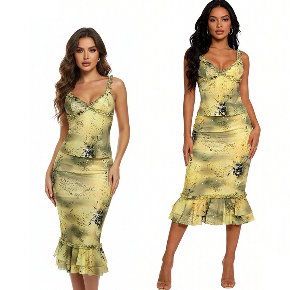 Midi Skirt Floral - Женский комплект из 2 предметов: атласный